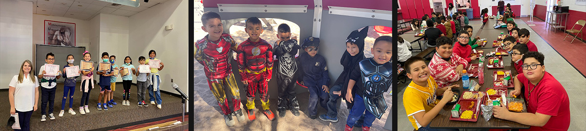 Class of students holding up their certificates on stage, Students in costume as superheroes, Students eating lunch in the cafeteria, Staff members posing together in the gym