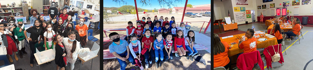 Students wearing costumes in class, students sitting on picnic tables outside, teachers sitting at table for an event, teacher and students in costume